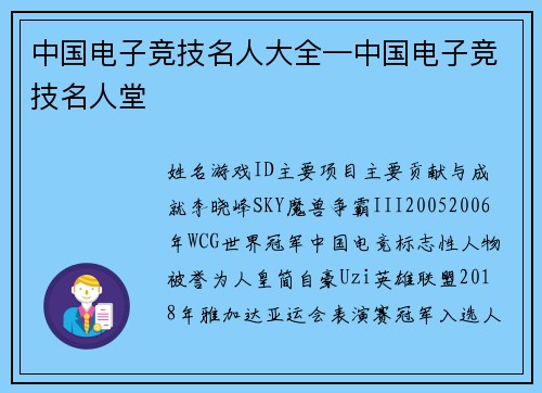 中国电子竞技名人大全—中国电子竞技名人堂